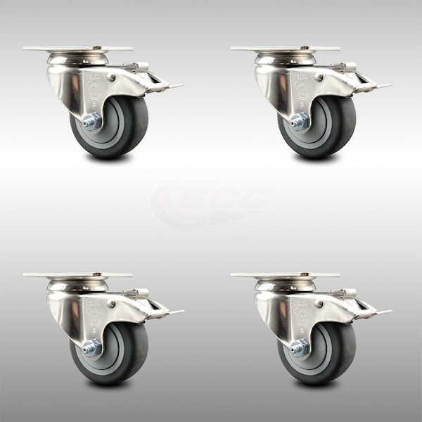 3.5 Inch 316SS Thermoplastic Rubber Swivel Top Plate Caster Set Total Lock Brake
